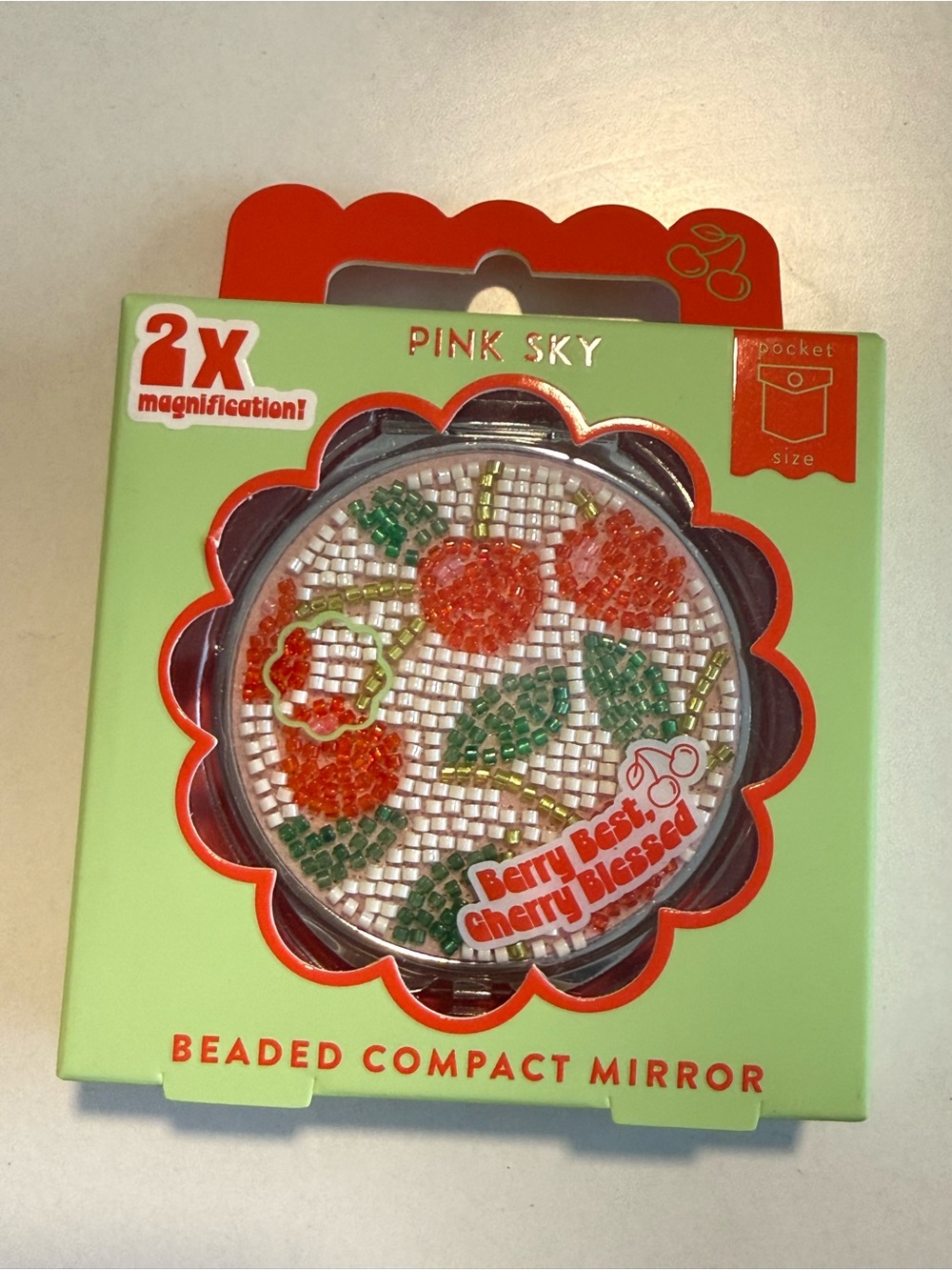 Pink Sky Beaded Cherry Compact Mirror - Red, Green, White